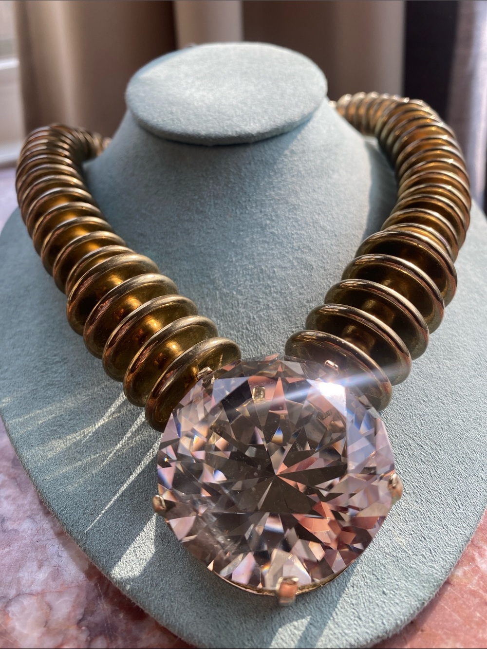 Bold Statement Large Tan Crystal Pendant Necklace - Bronze Disc Collar
